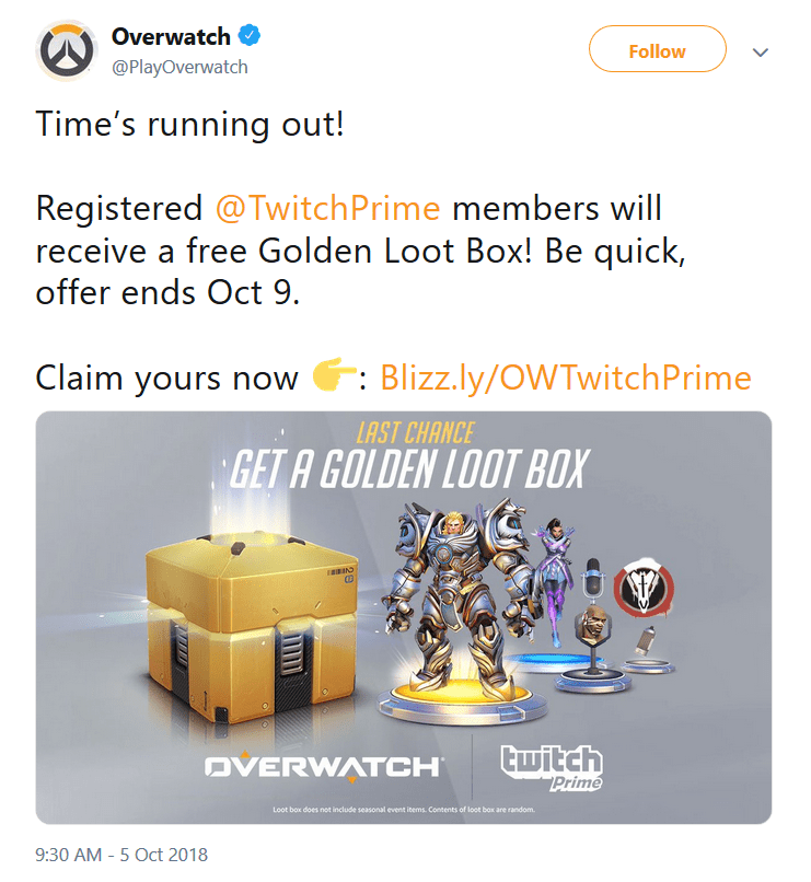 Overwatch Twitch Prime, Golden Loot Box