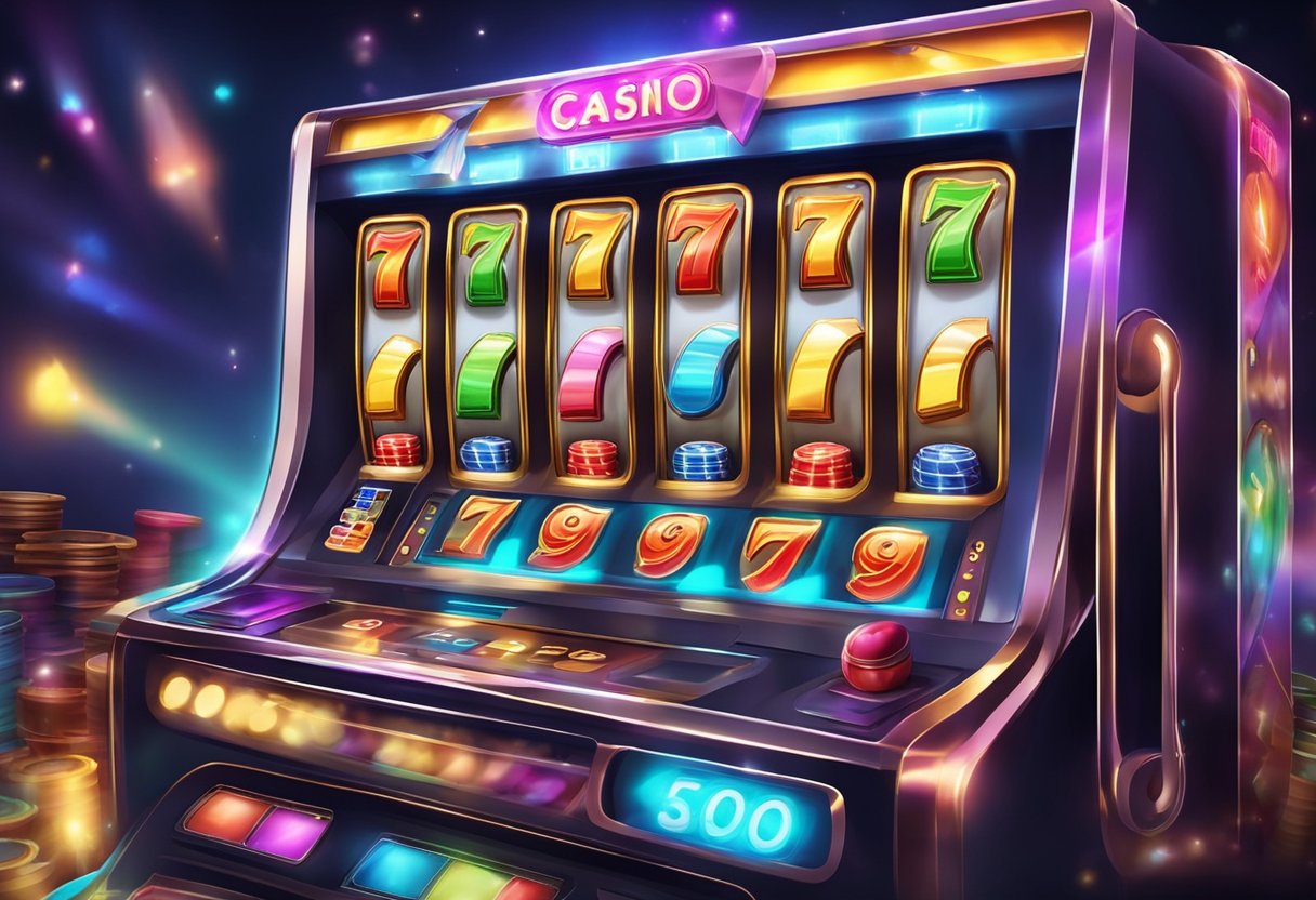 A colorful casino slot machine with flashing lights and spinning reels