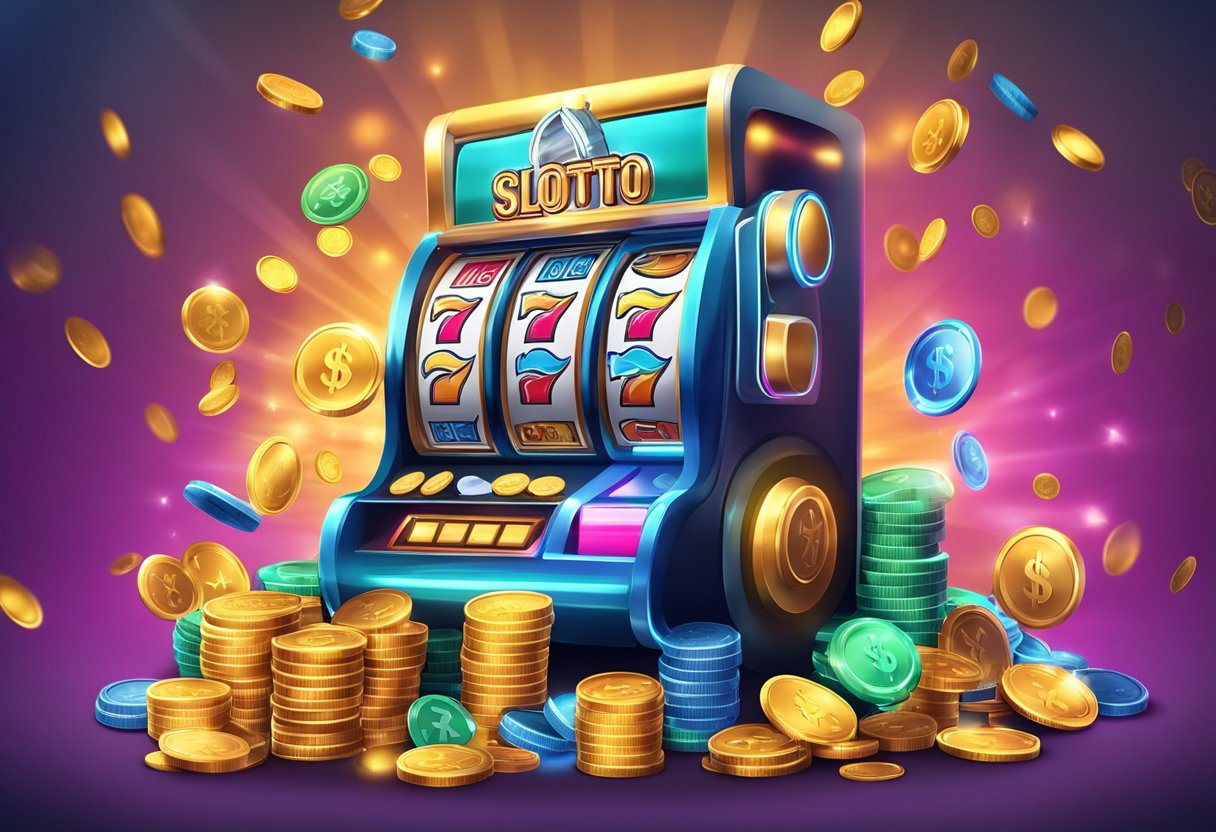 A colorful online casino background with a slot machine and a pile of virtual coins representing the Slotocash no deposit bonus