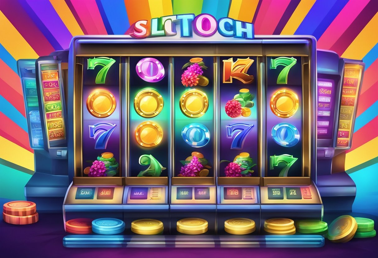 A colorful slot machine with the Slotocash logo, surrounded by stacks of casino chips and a vibrant, energetic atmosphere